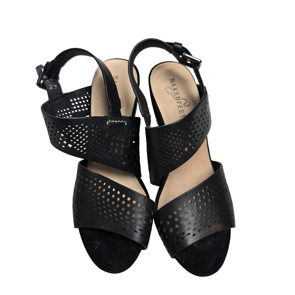 Naked Feet Leo Sandals Womens 8.5 Black Leather Block Heel Laser Cut